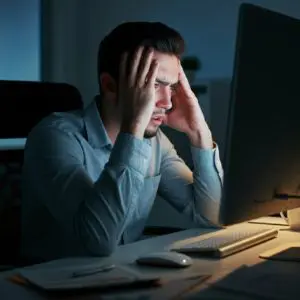 frustrated employee in front of computer