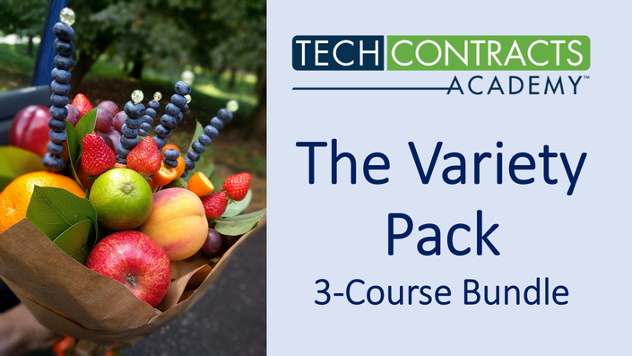 image shows a fruit basket with the Tech Contracts Academy logo. The text reads: The Variety Pack, 3-Course Bundle