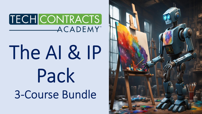 Image shows a Robot painting on a canvas and the Tech Contracts Academy Logo. Text reads The AI & IP Pack, 3-Course Bundle