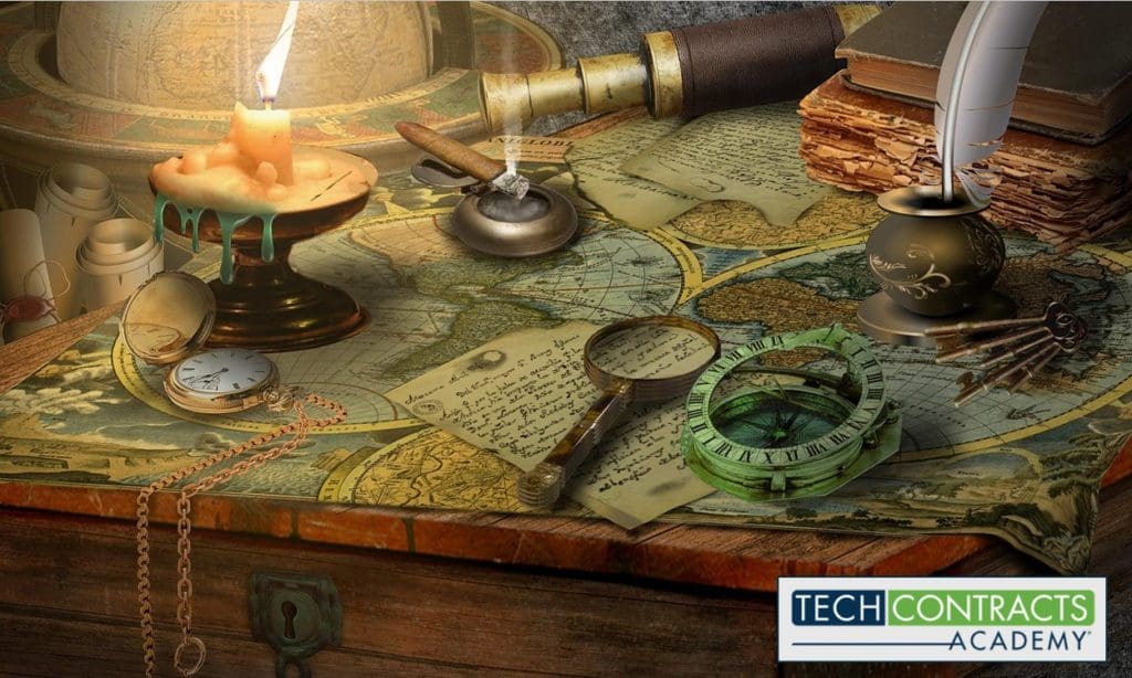An image of maps and navigation equipment sitting on a chest with the Tech Contracts Logo in the bottom right,