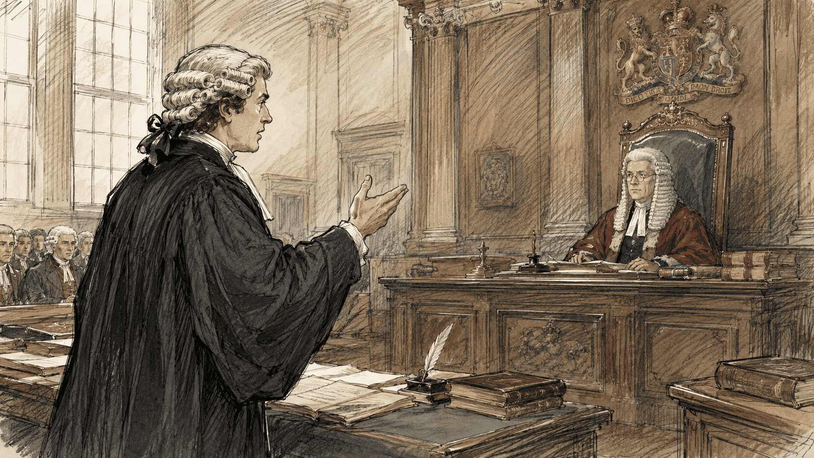 a 1700s British courtroom with a lawyer arguing before a judge